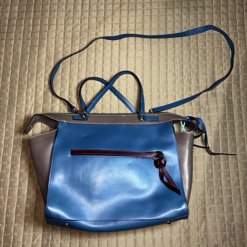Alberta Di Canio Italian Leather Satchel‎ Blue Taupe Crossbody Bag Made in Italy